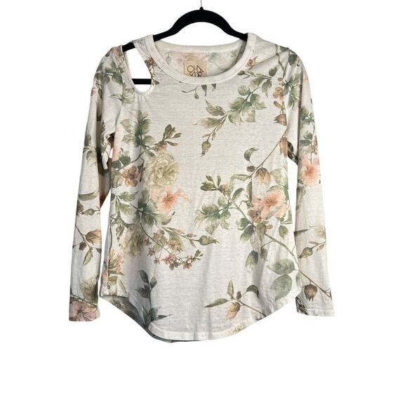Chaser Women's Cut Out Shoulder Long Sleeve Floral Pullover Top Sz M Cream NWOT - Picture 1 of 6